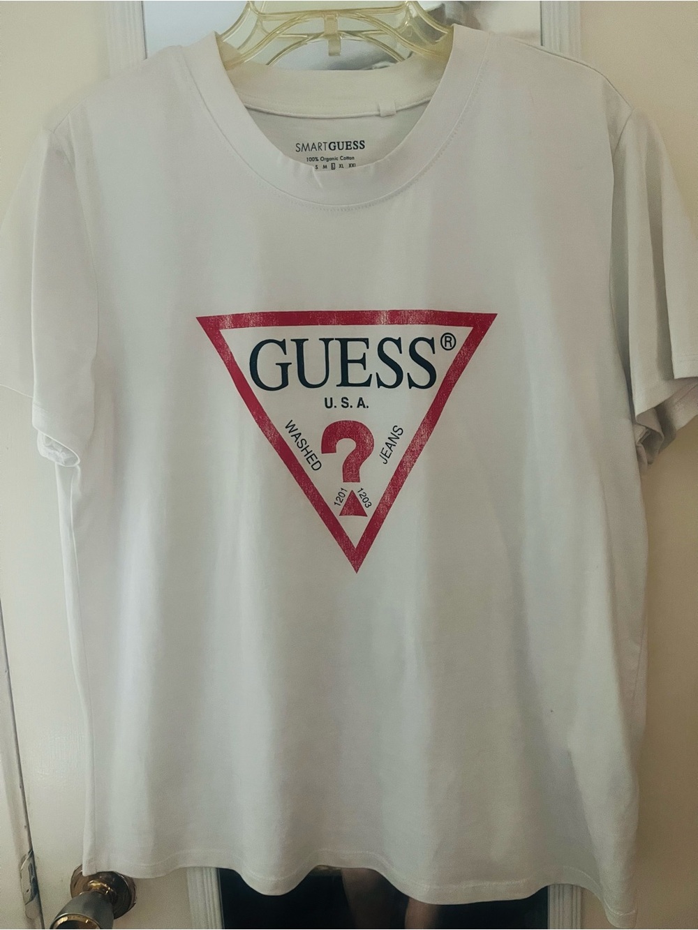 Guess White Tee with Red Triangle Logo and Navy Lettering